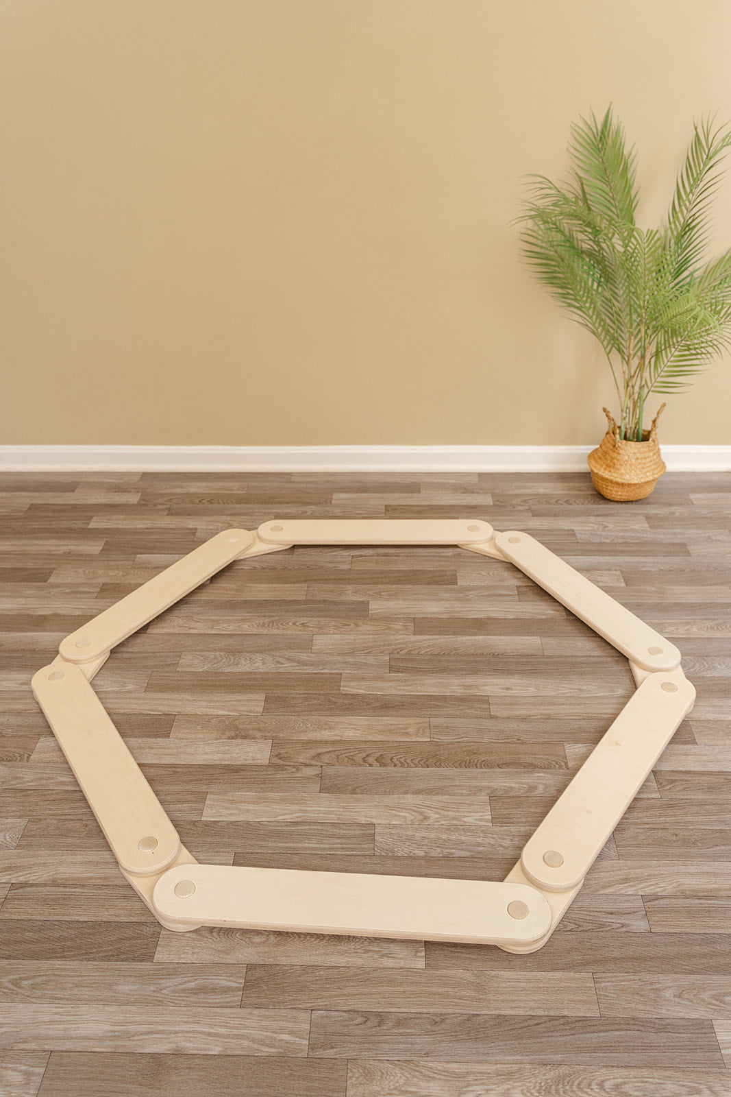 A balance beam with 6 peices shaped like a circle