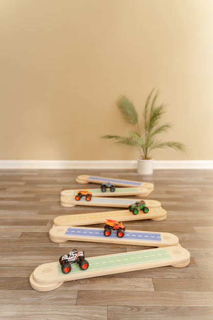 6 beam balance beam with road stickers and trucks for imaginary play