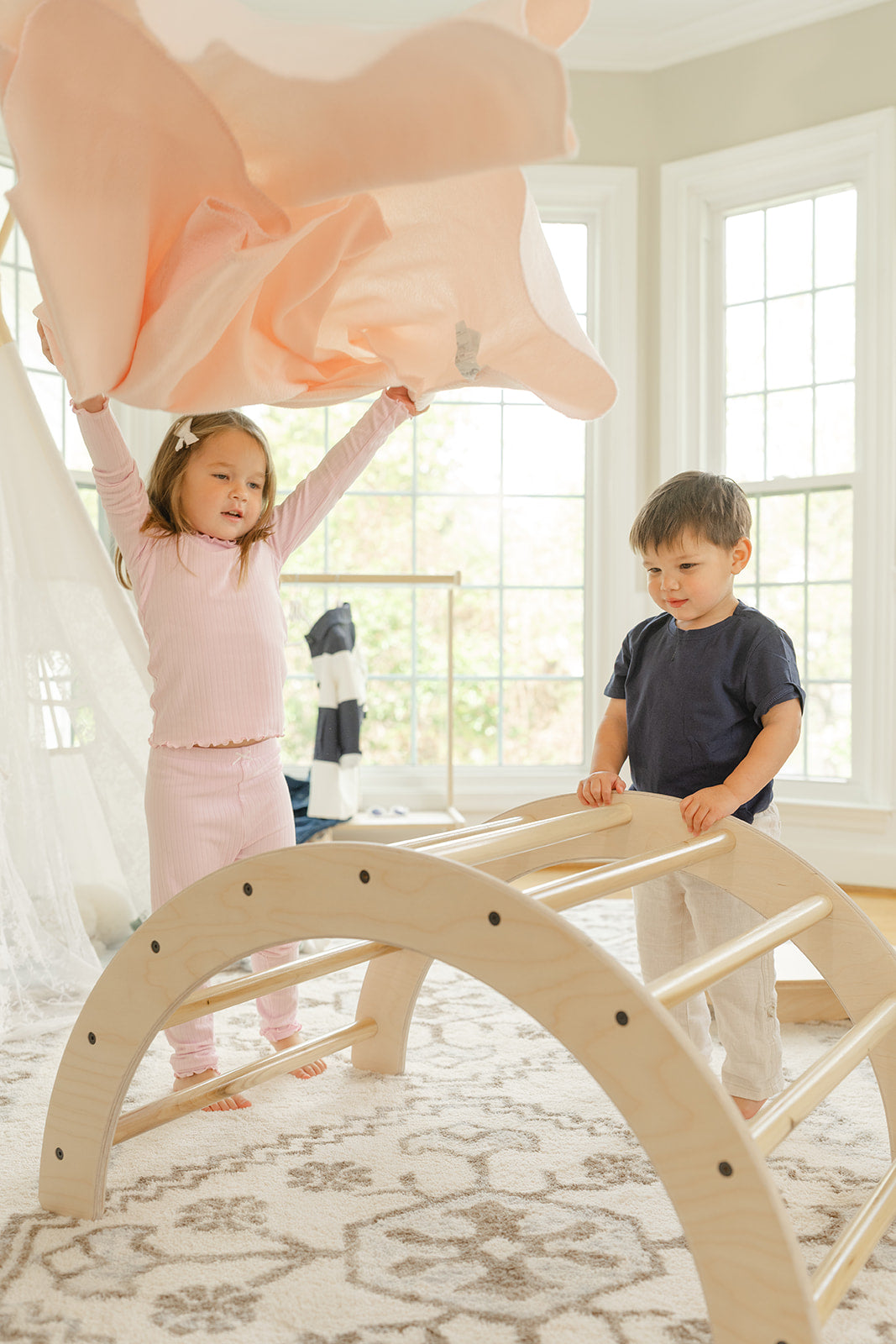 Blueberry and Third best Montessori climbing arch, a wooden jungle gym alternative for toddlers ages 6 months to 5 years, handcrafted in the USA