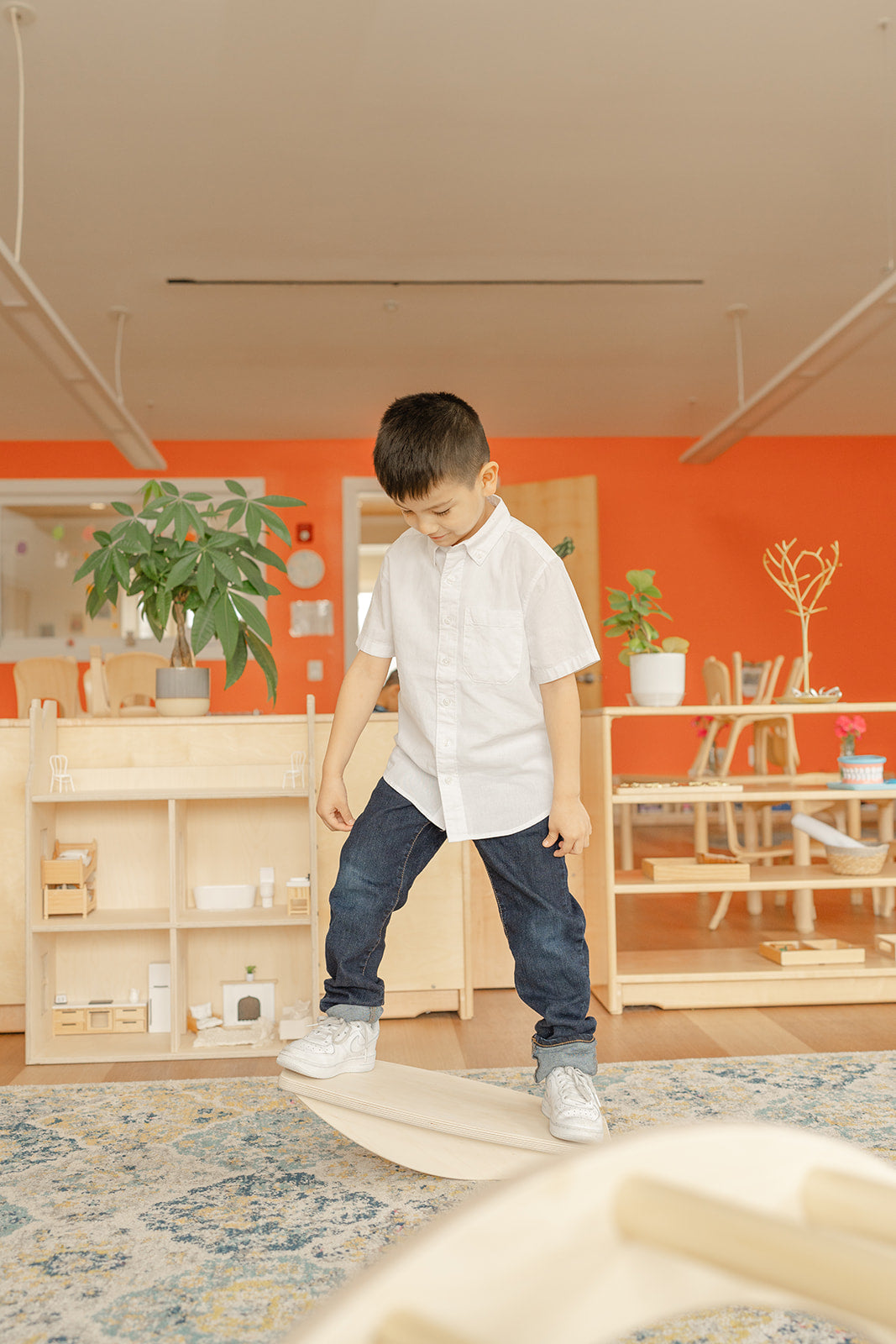A young boy in a primary Montessori Classroom on a wooden balance board challenging his gross motor and vestibular balance. 