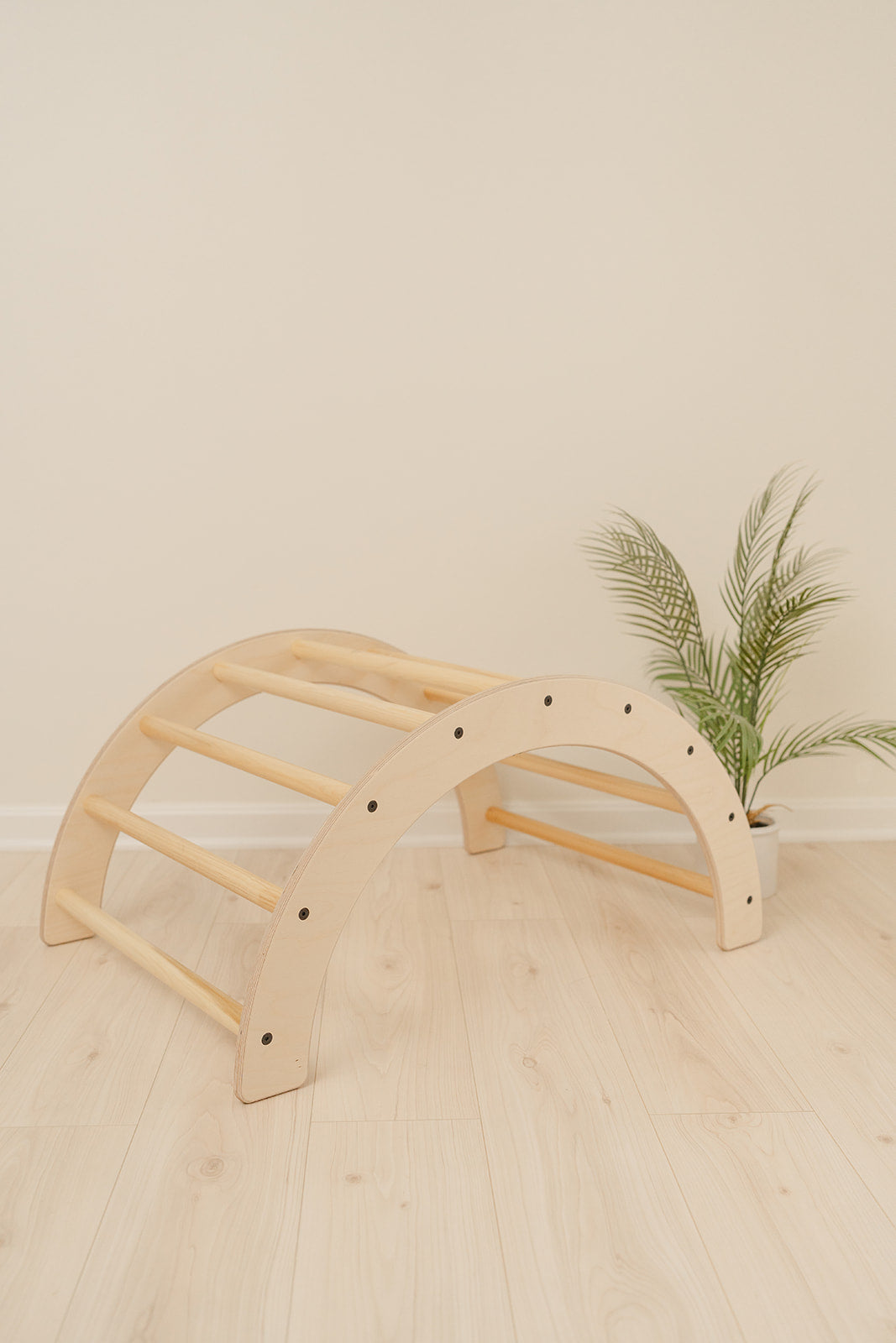 sturdy, minimalist, wooden toddler climbing arch with natural baltic birch wood
