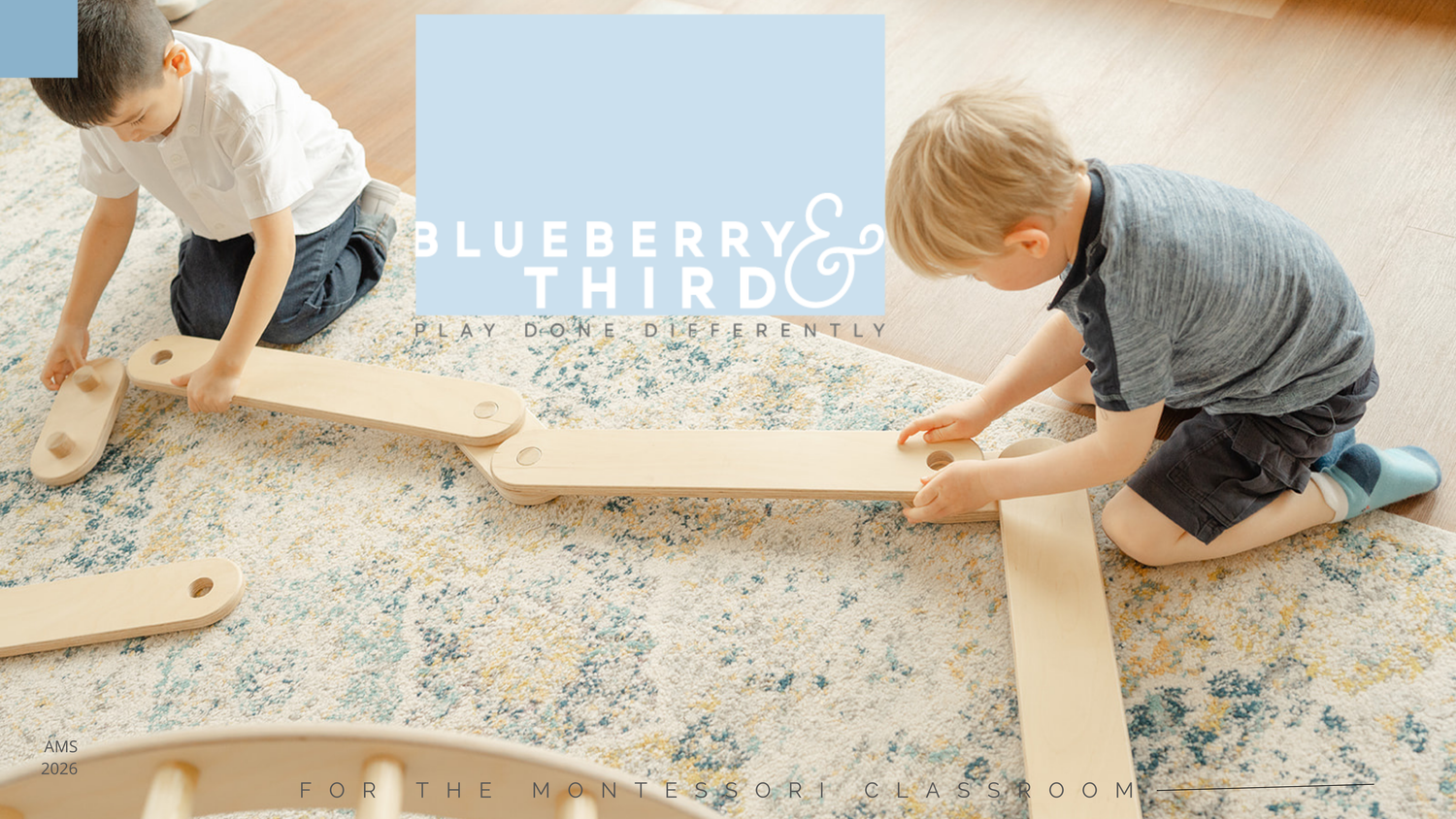 Two children playing with wooden toys on a carpeted floor in a Montessori classroom with Blueberry and third products
