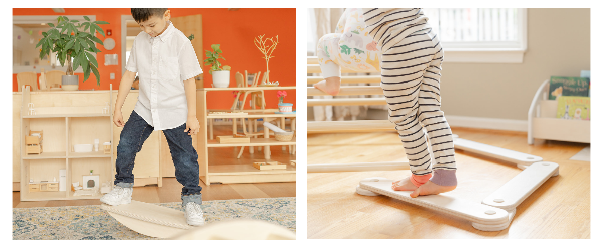 A young boy in a primary Montessori Classroom on a wooden balance board challenging his gross motor and vestibular balance. Pictured next to the balance board are little feet standing on a wooden modular balance beam in a playroom, the beam is used to work on Pediatric occupational and physical therapy 