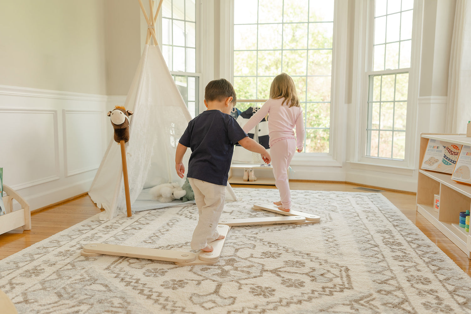 Blueberry and Third modular wooden balance beam for kids in natural Baltic birch, Montessori-approved balance toy for toddler playroom, made in the USA