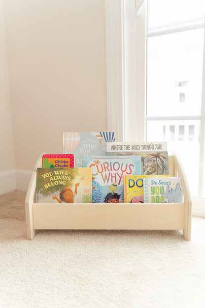 Blueberry and Third children's bookcase in natural Baltic birch, designed for Montessori bedrooms and calming corner setups in modern homes