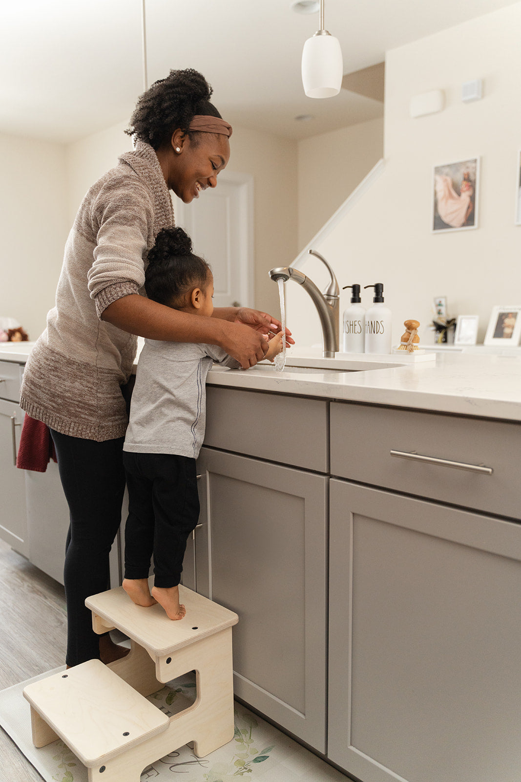 Blueberry and Third solid wood step stool styled in a modern kitchen, best toddler kitchen stool for small kitchens, made in the USA