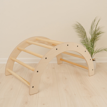 Blueberry and Third Climbing Arch in natural Baltic birch, Pikler-style climbing toy for toddlers and babies, supports gross motor development, made in the USA