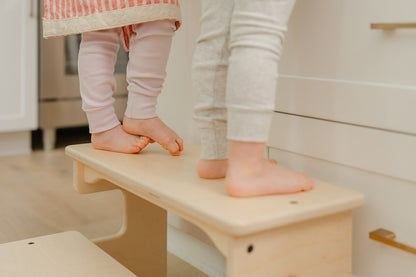 Blueberry and Third 2-step footstool in natural Baltic birch, Montessori kitchen stool that builds toddler independence at counter and sink height daily