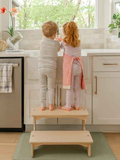 Blueberry and Third wide double step stool styled in modern kitchen, two-tier solid wood children's stepping stool for toddler kitchen helper independence