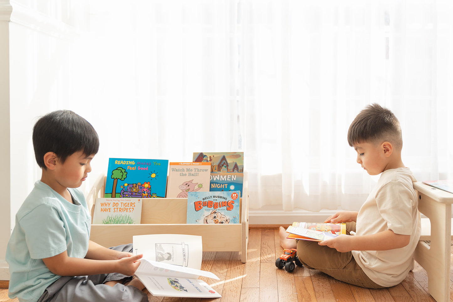 Blueberry and Third high-end children's bookshelf with Montessori-inspired forward-facing design, sustainably sourced solid wood, crafted in Ohio