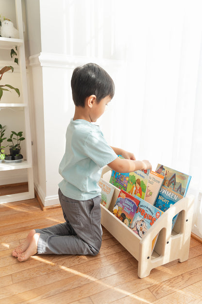 Blueberry and Third Montessori bookshelf in a modern kids playroom, one of the most popular children's bookshelf designs for independent reading