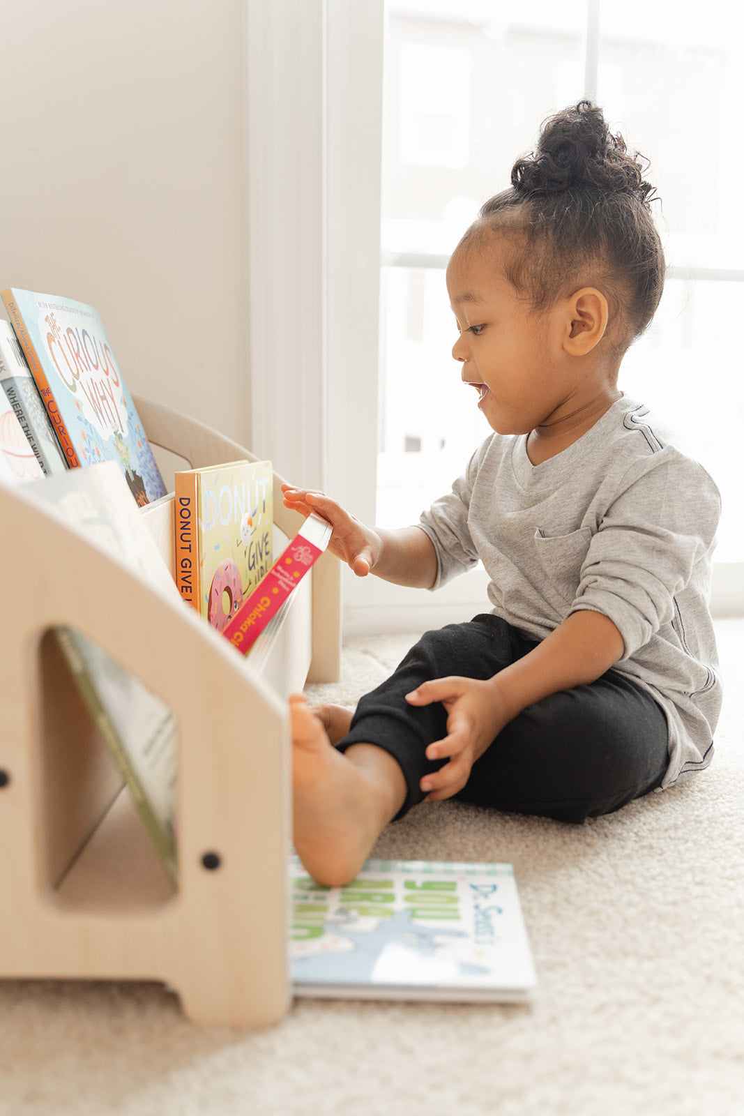 Blueberry and Third Montessori shelf — best gift for 1 year old girl or boy, solid wood bookcase that grows with your child through age 6
