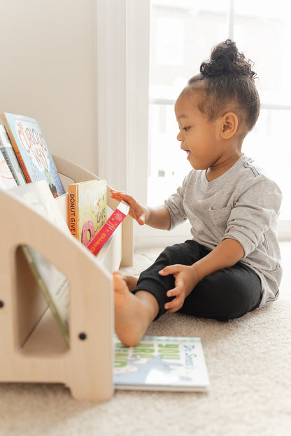 Blueberry and Third Montessori shelf — best gift for 1 year old girl or boy, solid wood bookcase that grows with your child through age 6