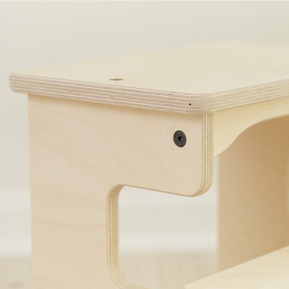 Blueberry and Third stool step wood design with decorative support beams, modern children's homeware that blends into any home aesthetic
