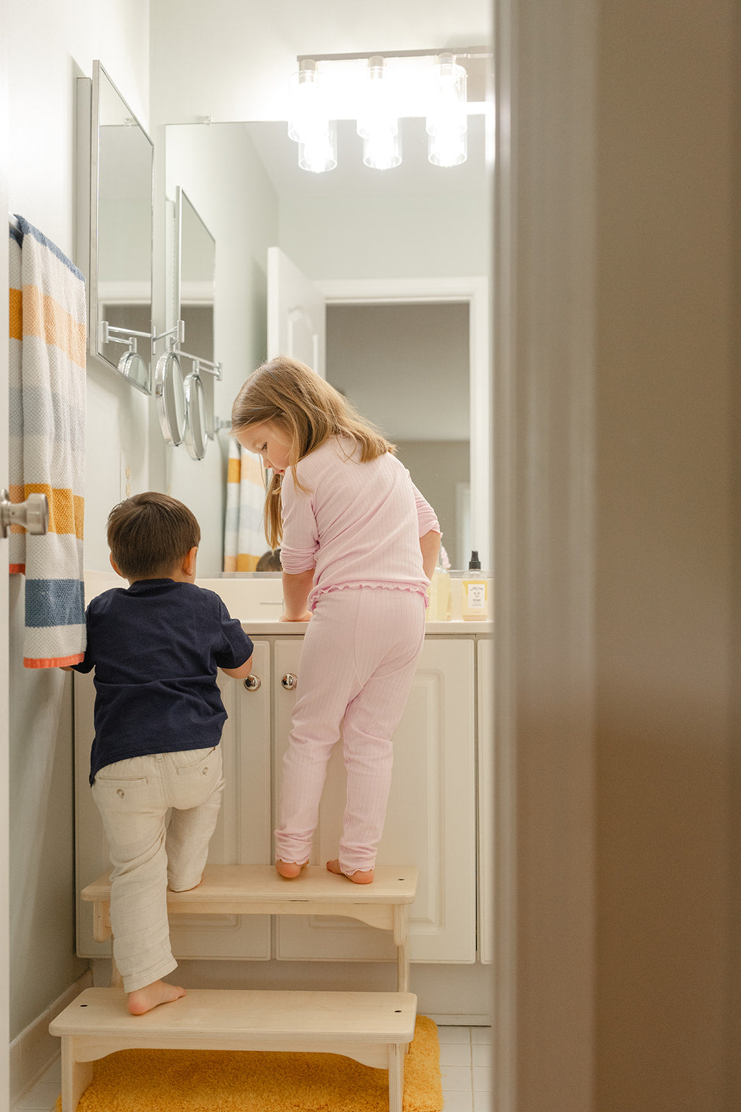Blueberry and Third Double Step Stool in bathroom for two toddlers washing hands independently, non-toxic water-based finish safe for all home environments