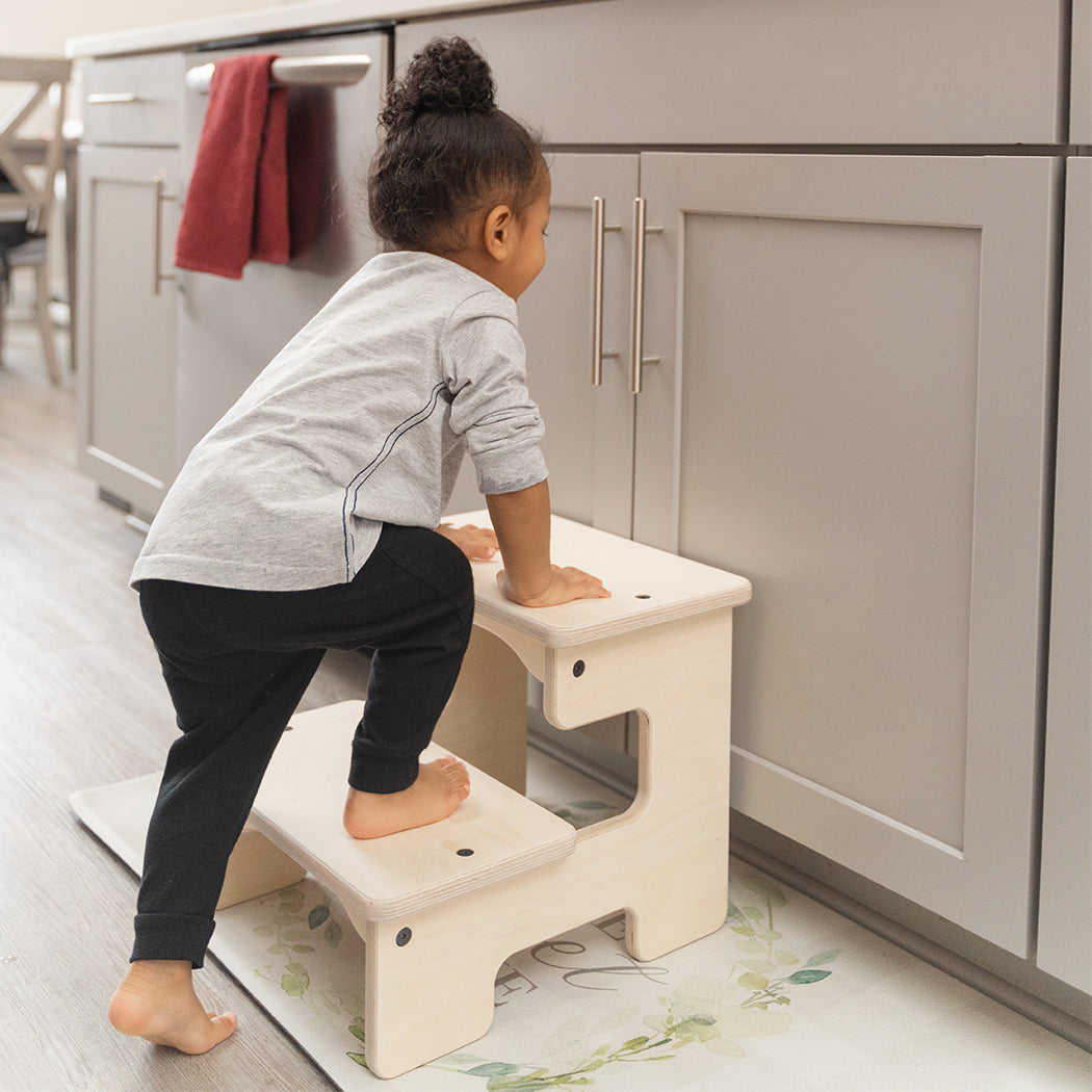 Blueberry and Third wood step stool in use at bathroom sink, toddler independently washing hands, non-toxic solid wood children's furniture