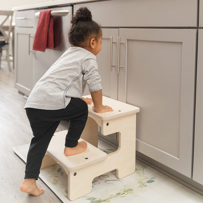 Blueberry and Third wood step stool in use at bathroom sink, toddler independently washing hands, non-toxic solid wood children's furniture