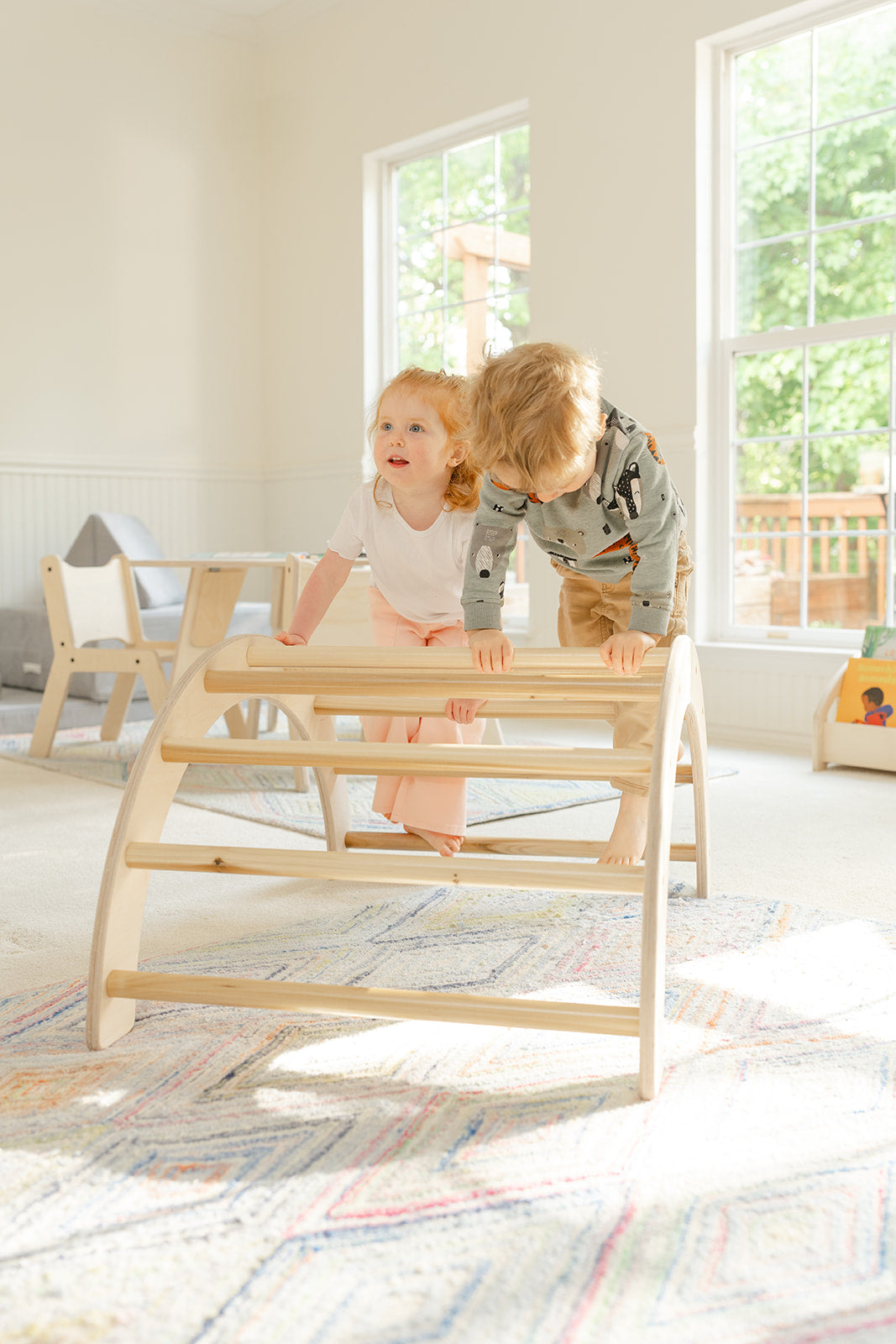 Blueberry and Third Climbing Arch for toddlers and preschoolers, modern children's furniture in natural birch that pairs with the Balance Beam for an obstacle course
