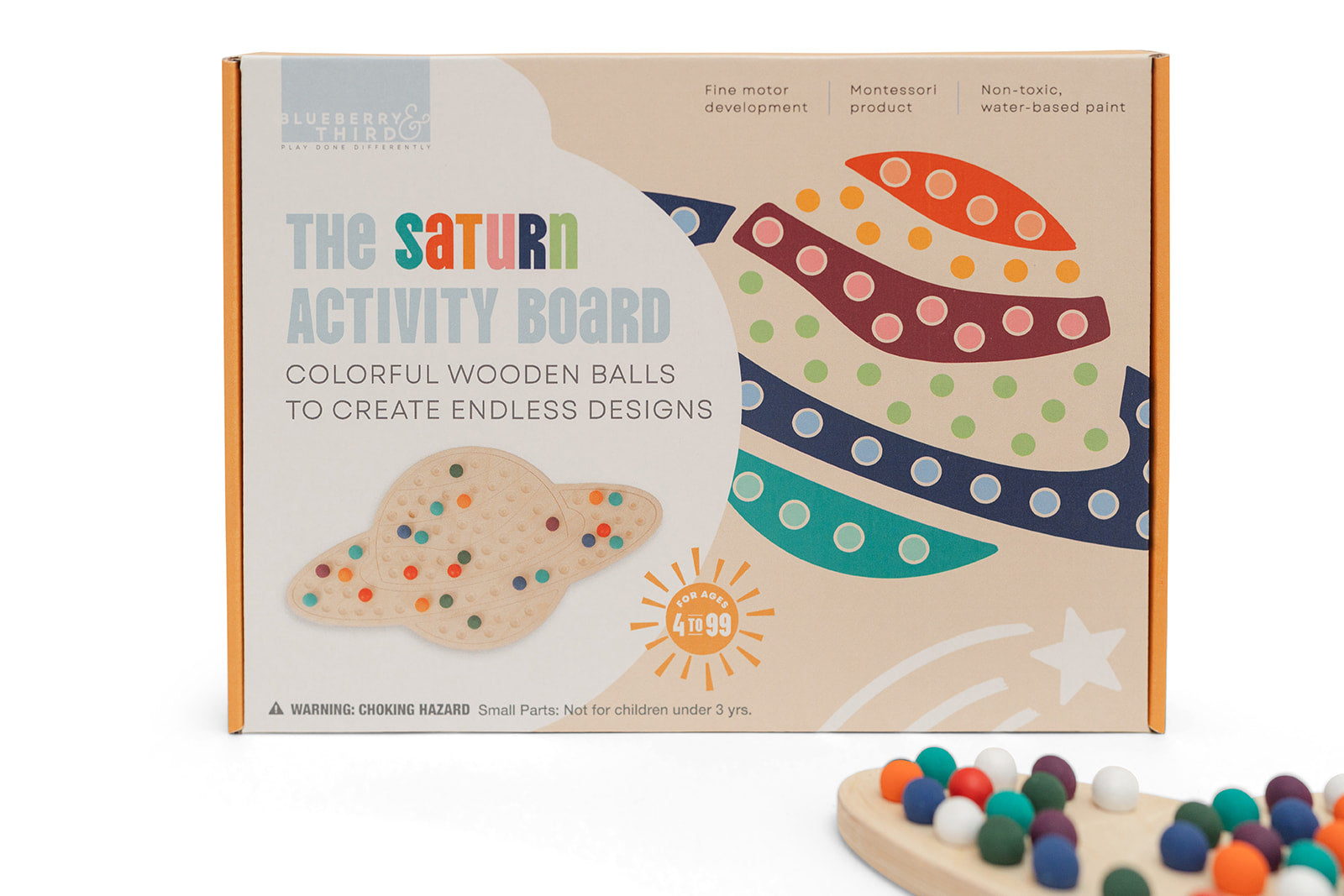 Wooden Saturn activity board with planetary ring design and 98 colorful wooden pegs for space-themed STEM learning. Educational sensory toy developing creativity and skills fine motor coordination for elementary school children ages 3-8 years. USA-made Montessori learning material with beautiful Saturn planet design encouraging hands-on exploration pattern creation and open-ended play in screen-free educational environment perfect for classroom or home.