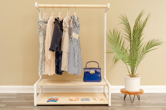 Children's clothing rack for hanging dresses and organizing shoes and accessories