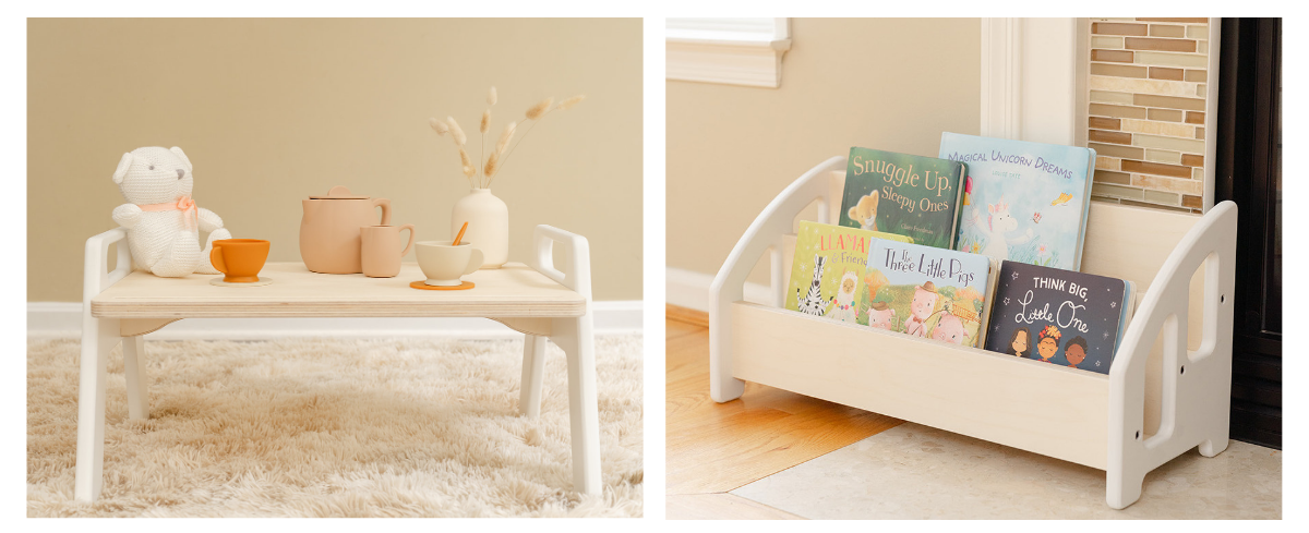 a little desk tray used in a childrens playroom. A floor bookshelf is pictured with natural shelves and white frames. The bookshelf is holding several forward facing books and used for family reading time.