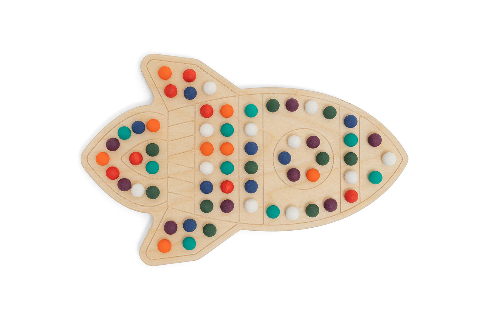 Close-up of USA-made wooden rocketship activity board showing quality Baltic Birch hardwood construction with smooth finish and precisely drilled peg holes. Handcrafted educational toy with vibrant non-toxic water-based paint on wooden balls safe for children ages 3 and up. Durable Montessori sensory board featuring sturdy frame and carefully sanded edges exceeding CPSC safety standards designed for years of active preschool play and STEM learning.