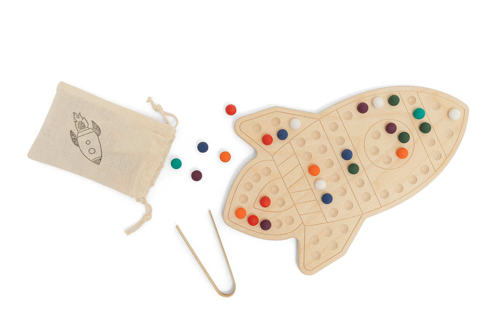 Creative pattern design made with colorful pegs on wooden rocketship activity board demonstrating open-ended play possibilities. Educational STEM toy encouraging children ages 3-6 to create unique designs developing spatial reasoning artistic expression and cognitive skills. Montessori sensory board promoting problem-solving and creative thinking through hands-on pattern recognition and color sorting in screen-free tactile play environment supporting early math and science concepts.