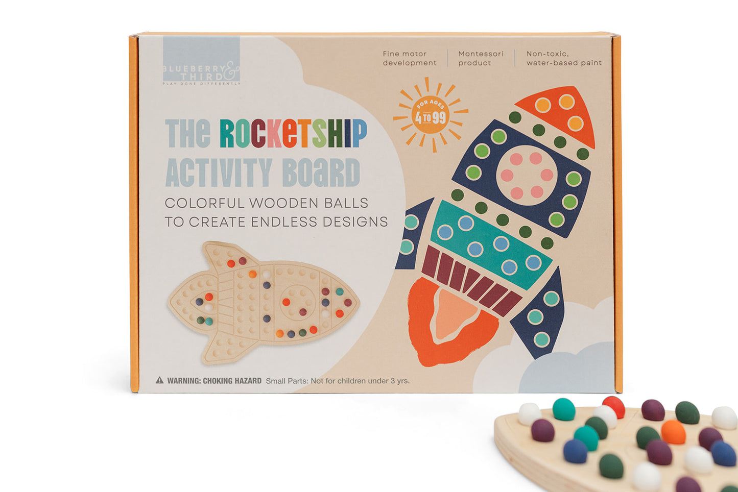 Beautiful product packaging for The Rocketship Activity Board with colorful wooden balls to create endless designs for fine motor developemnt and 