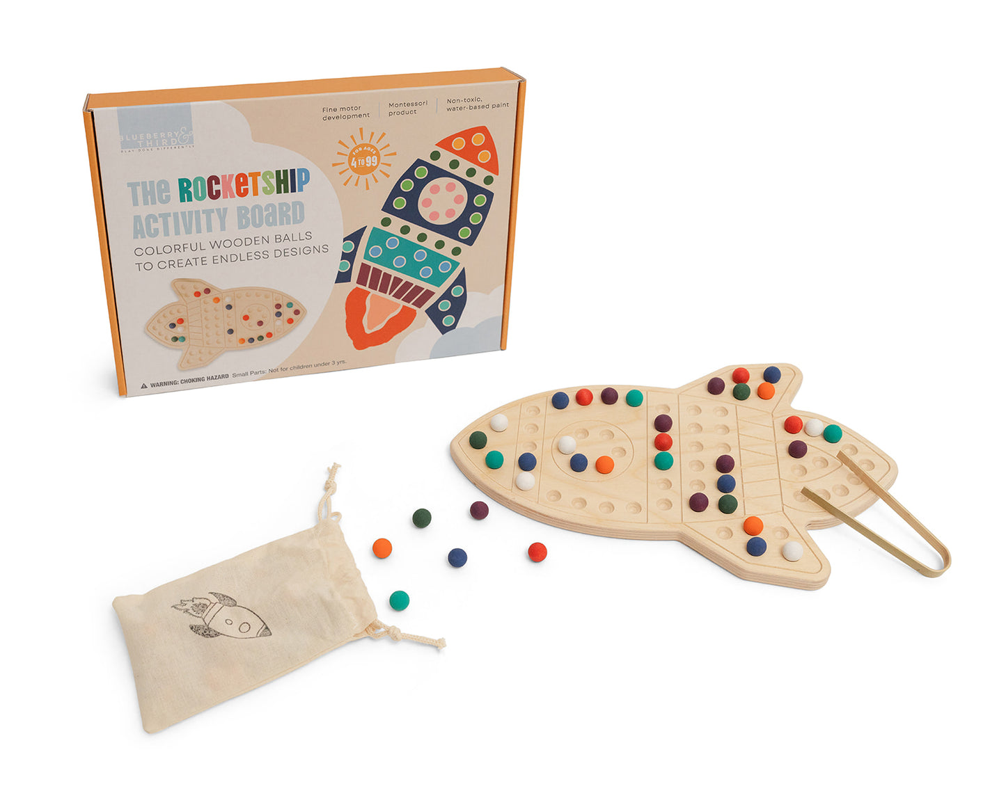 Wooden rocketship activity board with colorful peg holes and vibrant balls for educational STEM play. Montessori sensory toy developing fine motor skills hand-eye coordination and creative thinking for preschool children ages 3-6 years. USA-made open-ended learning toy encouraging pattern making color recognition and problem-solving through hands-on tactile manipulation in screen-free play environment perfect for playroom classroom or homeschool materials.