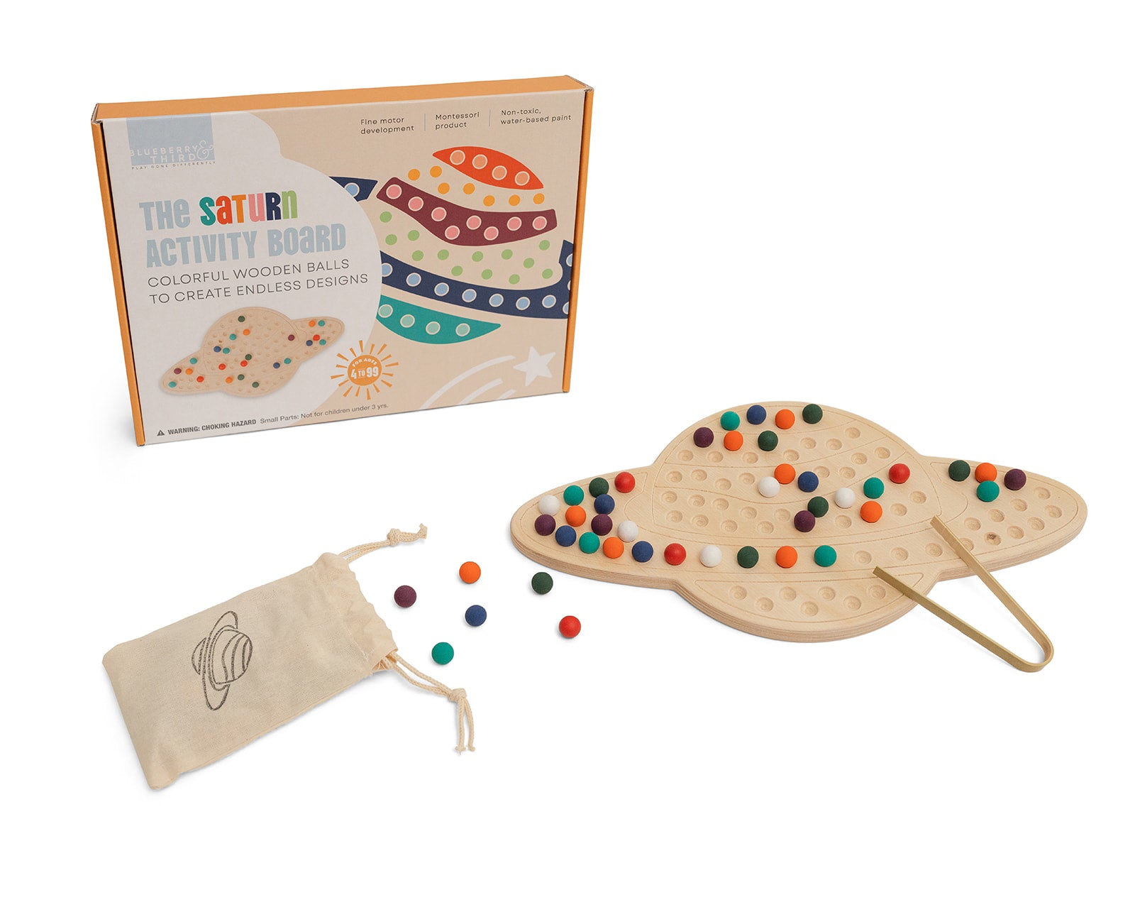 USA-made wooden Saturn activity board with canvas storage bag holding 98 colorful wooden balls and bamboo tongs showing quality construction. Handcrafted educational toy with vibrant non-toxic water-based paint on wooden balls safe for children ages 3 and up. Durable Montessori space-themed sensory board featuring sturdy birch plywood carefully sanded edges and beautiful engraved Saturn design exceeding CPSC safety standards for years of elementary school STEM learning.